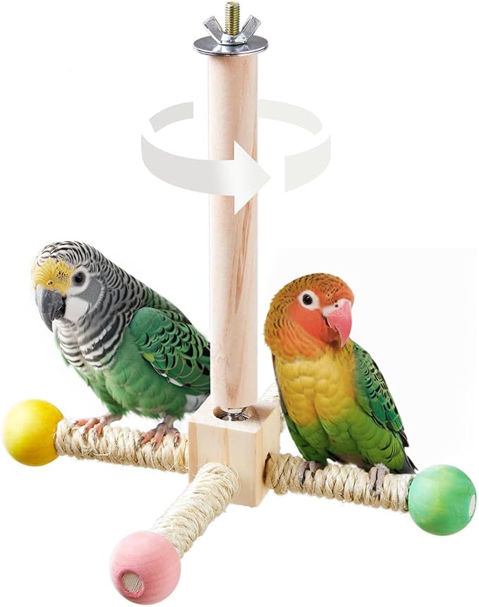 Bird Stand Perch Toy, Interactive Spinning Parakeet Toys, Wooden Exercise Wheel Parrot Toy, Enrichment Cockatiel Toy for Birds Cage, Bird Cage Accessories Perch Toys for Budgies (Small)