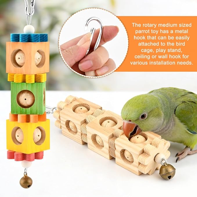 2Pcs Bird Chew Toys for Beak Grinding, Hanging Rotating Wood Block with Bell, Birds Cage Chewing Playing Training Toy for Cockatoos, Macaws, African Grey, Conures, Lovebirds(Wood)