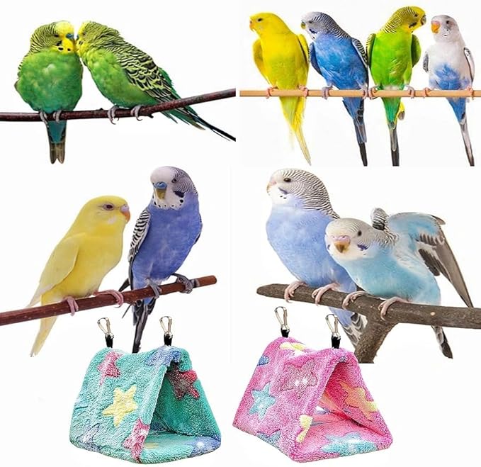 2 Pack Warm Bird Nest Plush Snuggle Bird Hammock Hanging Bird Cave Parrot Sleeping Bed Shed Hut Hanging Tent for Budgies Finch Parakeet Cockatiel Cockatoo Lovebird-Star Pattern (Pink&Green)