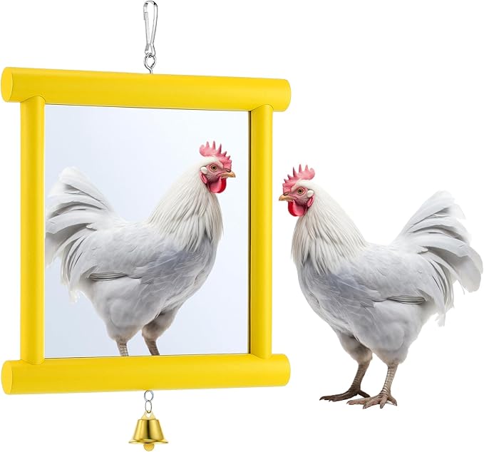 Sadnyy Extra Large Chicken Mirror Toys Hanging Swing Double Side Mirror with Bell Wooden Pecking Toy for Hens Birds Parrots Coop Roosters Enrichment Toy for Poultry(Square, Yellow, 1pcs)