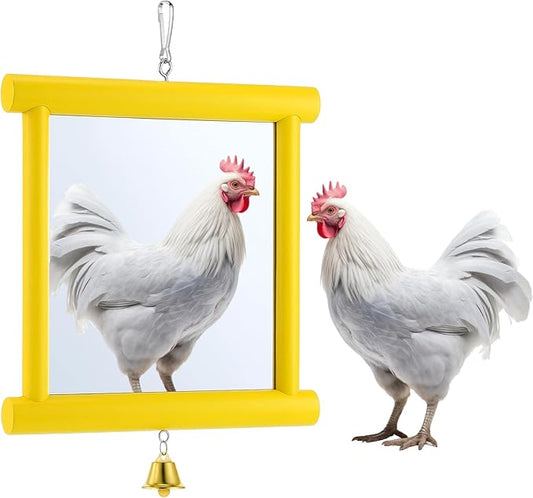 Sadnyy Extra Large Chicken Mirror Toys Hanging Swing Double Side Mirror with Bell Wooden Pecking Toy for Hens Birds Parrots Coop Roosters Enrichment Toy for Poultry(Square, Yellow, 1pcs)