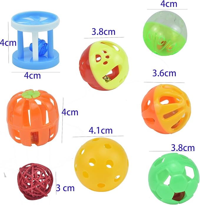 8pcs Bird Cat Ball Toys with Bell Colorful Parakeets Foot Talon Training Set Conures Feeder Toys Cockatiel Chewing Rattle Balls Parrot Cage Activity Toy for Budgie Playgym Birdcage
