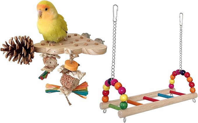 2 Pack Parrot Toys, Parrot Wooden Toys Long Tailed Bird Toys with Pure Natural Corn Sticks and Pure Natural Pine Cones, Fun Bird Cage Accessories