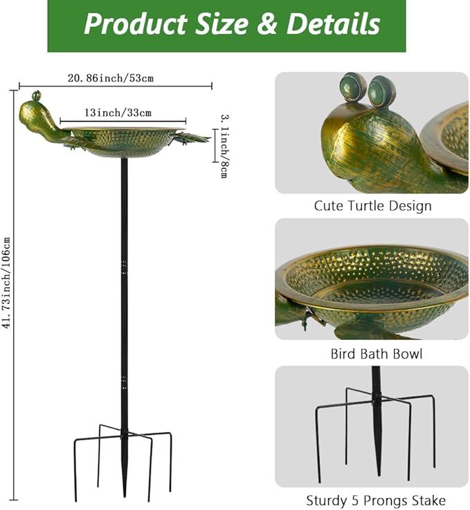 Turtle Bird Bath, 3 Deep Bird Bath Outdoor with Garden Stake, Metal Birdbaths Rustproof Decor for Garden, Yards Lawn Patio