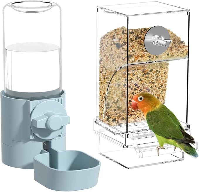 No Mess Bird Feeder Water Dispenser Set,Automatic Parakeet Feeder Cage Accessories,Parrot Transparent Food Container Drinker for Cage,Canaries Budgies Lovebirds Cockatiels Finches (Blue)