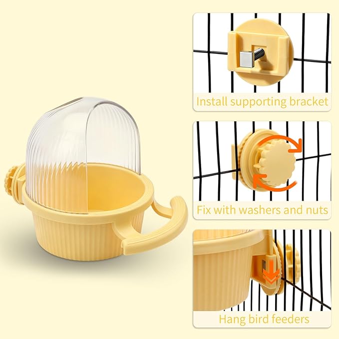 Litewoo No Mess Bird Feeder for Cage Parrot Feeder with Dispenser Multifunctional Bird Seed Food Water Bowl for Parrot Lovebird Budgie Finch Parakeet Conure Cockatiel (Yellow)