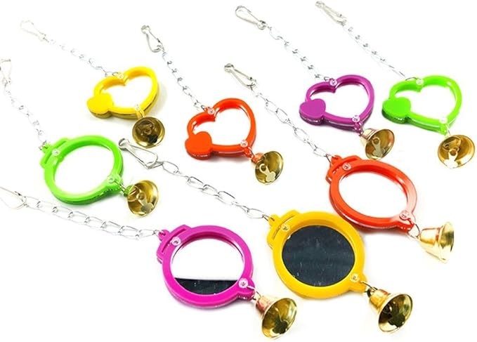 Pet Bird Mirror with Bell Interactive Treat Puzzle Parrot Toy Bird Cage Mirror Small Bird Swing Chew Toys Fun Cage Accessories (Color Random) (Round Shape)