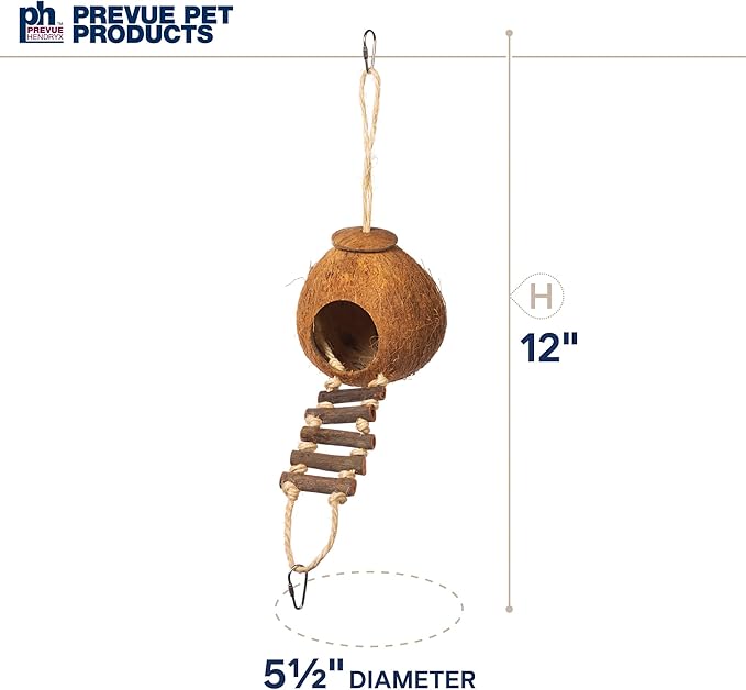 Prevue Pet Products Naturals Coco Hideaway with Ladder - Bird Toy for Parrots, Conures, Cockatiels, Budgies, and Small to Medium Birds, Cage Accessory for Climbing, Resting, and Beak Exercise