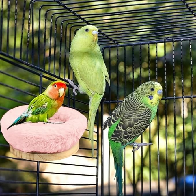 2Pcs Bird Perch Stand Platform Plush Parrot Hanging Hammock Warm Bird Nest Snuggle Hut Birds Sleeping Bed Wood Perch for Parrot, Budgies, Parakeet, Cockatiels, Conure, Lovebirds-Purple&Pink