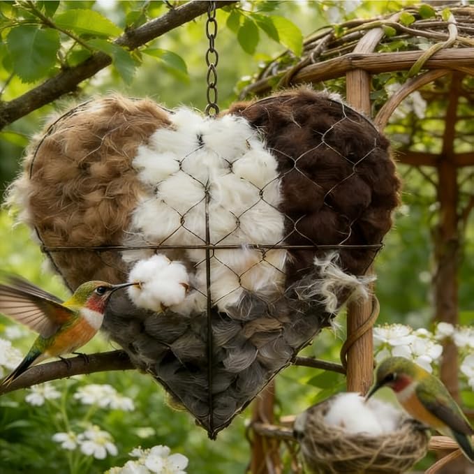 Handmade Fiber Bird Nesting Heart, Hanging Bird Nest Material Holder, Refillable Birds Haven, Alpaca Fiber Birds Material House for Outside Home Garden Yard Patio, Winter Fowl Gift (3PCS)
