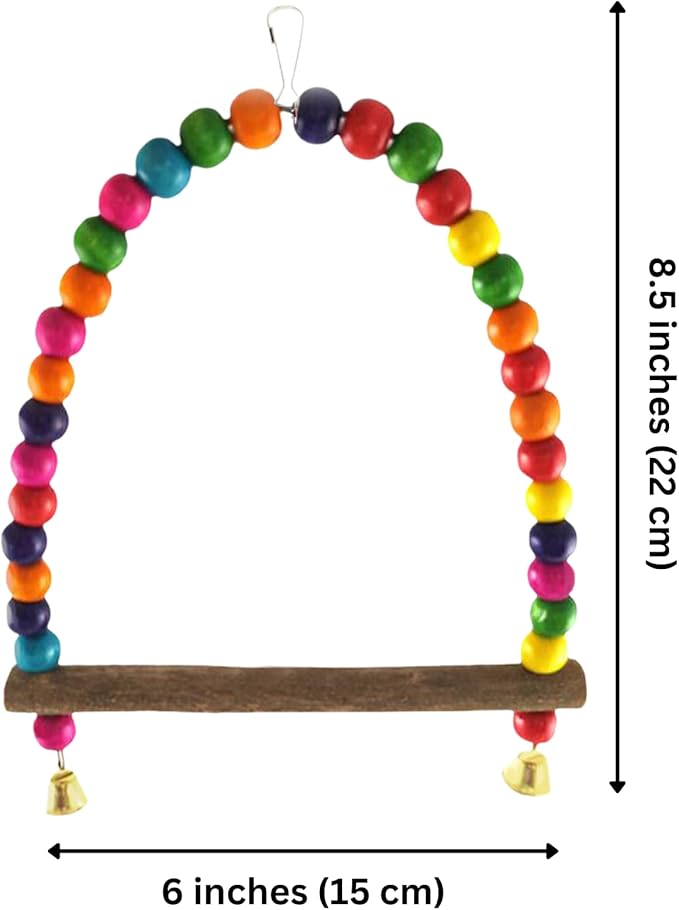 SunGrow Colorful Finch Swing Toy with Bells, Wooden Perch Stand for Canary, Lovebird & Budgie, 8.5x6 Inches, Sturdy Rocking Gym, Small Bird Cage Accessories to Balance, Exercise & Training