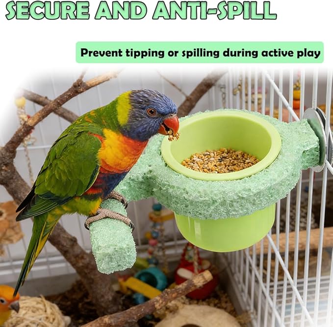Bird Cage Feeder with Perch Stand Resin Food & Water Cup Holder for Parakeets Cockatiels Lovebirds Finches Small Birds (Green)