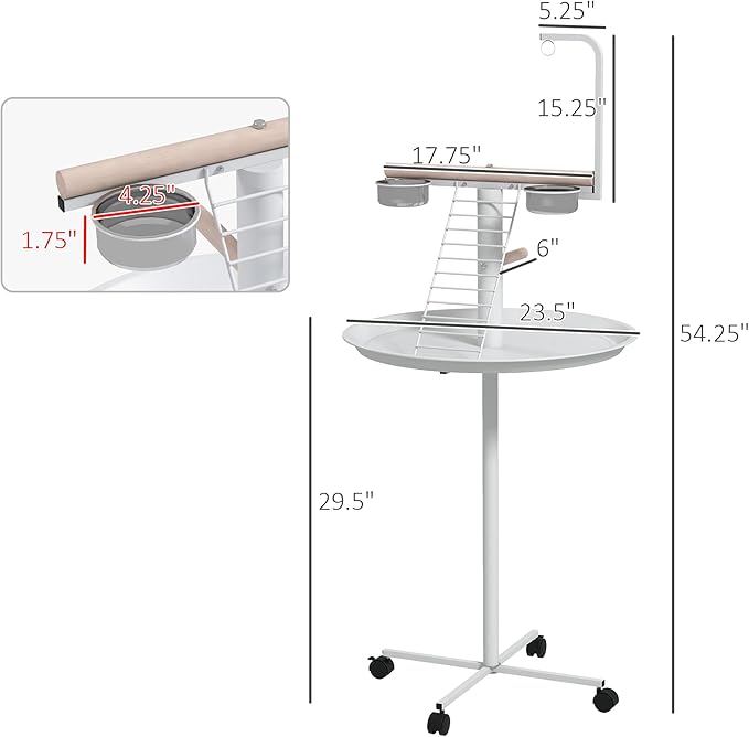PawHut Bird Stand, Parrot Stand with Wheels, Perches, Stainless Steel Feed Bowls, Round Tray, Bird Play Stand for Indoor Outdoor, White