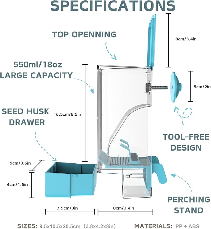 Automatic Bird Feeder, Bird Cage Feeder with Perch for Parakeet Canary Cockatiel Finch (Blue)