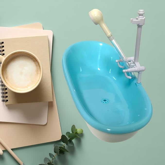 Cage Bird Bath & Shower for Parrots - Parakeet Bathtub Accessory with Spray, Fits Cockatiel Lovebirds, 8.78×4.53×3.35in (Blue)