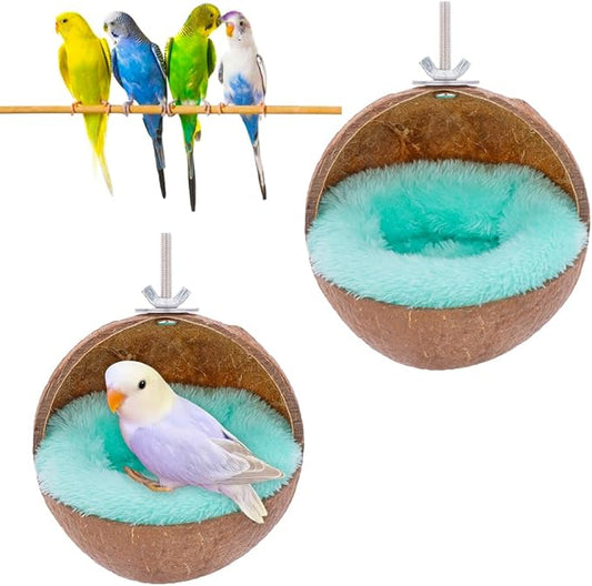 VTurboWay 2 Pack Natural Coconut Shell Parrot Hide Hut Habitat Decor Hanging Nest for Parrot Parakeet Lovebird Finch Canary (with 2 Pcs Warm Pad)