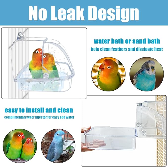 Bird Bath for Cage, Plastic Water Bowl Feeder for Pet Birds, Parrot Bathtub with Hanging Hooks for Little Bird Parrots Spacious Parakeets Portable Shower for Most Birdcage