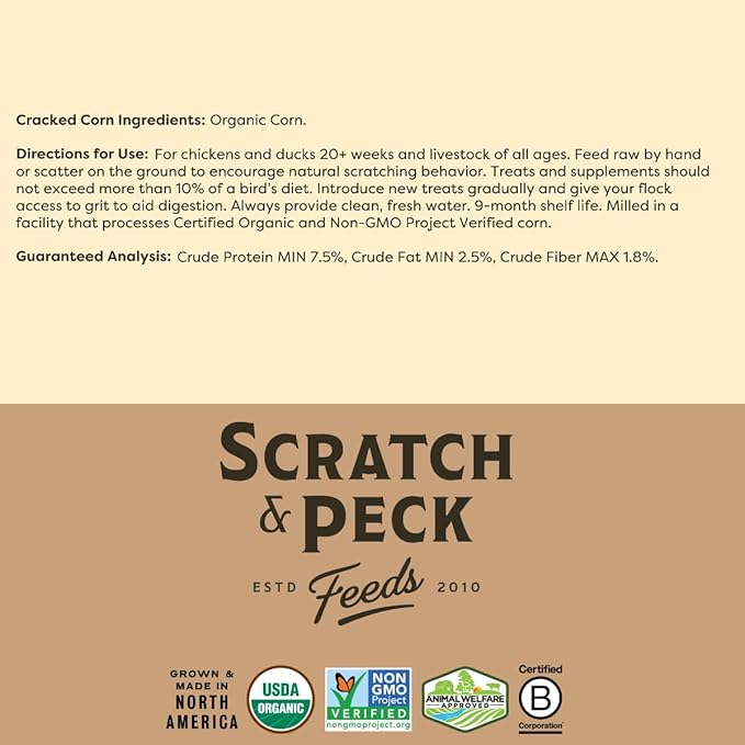 Scratch and Peck Cracked Corn Chicken, Duck and Livestock Supplemental Grain - 8 lbs Bag - 7.5% Protein, Certified Organic and Non-GMO Project Verified Chicken Food