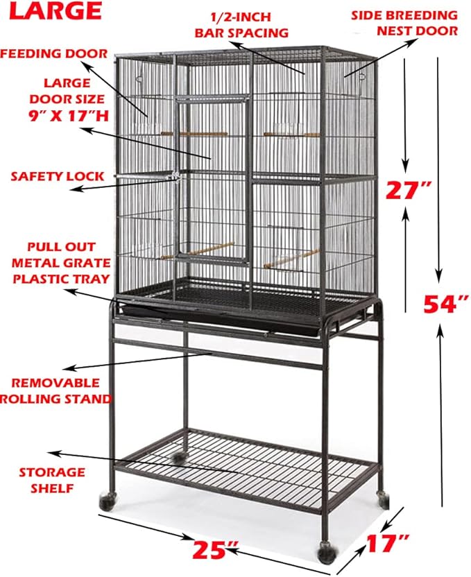 54" Deluxe Large Breeding Breeder Rolling Flight Cage Tight 1/2-inch Bar Spacing Side Nesting Door for Canary Parakeet Cockatiel Lovebird Finch with Detachable Rolling Stand