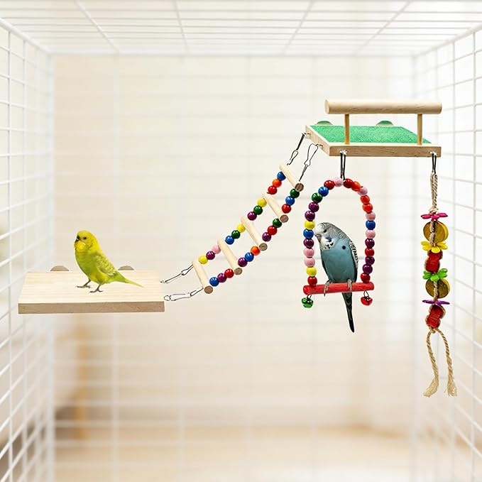5 Pack Bird Cage Accessories, Multicolor Wooden Enrichment Playground with Swing Perch, Bridge, Chew Toys, Bird Supplies for Budgies, Cockatiels, Lovebirds, Small to Medium Birds