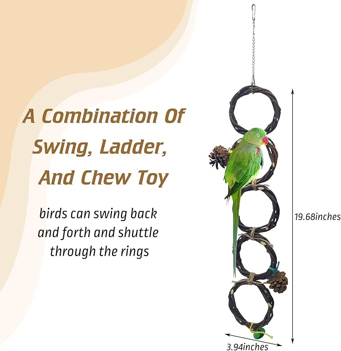 BNOSDM Bird Swing Rings Toy Natural Wood Parrot Climbing Ladder Parakeet Chewing Toys Hanging Budgie Cage Accessories for Green Cheek Conure Cockatiel Lovebird (Single Row 5 Rings)