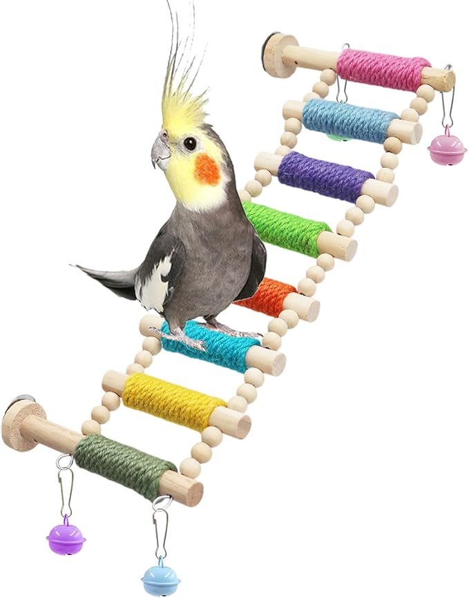Bird Cage Accessories, Wooden Bridge with Colorful Rope on Steps, Bird Climbing Ladder Perch for Budgies, Cockatiels, Lovebirds, Quakers, Green Cheeks, Other Small to Medium Birds