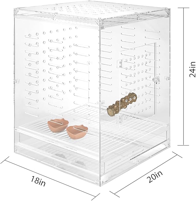 Clear Acrylic Bird Cage for Small Birds, Transparent Display Habitat for Canary, Parakeet - Easy to Clean & Assemble (18x20x24in)