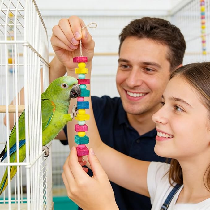 Bird Toys, 100 Pcs Multi-Color DIY Wooden Blocks, Chewing Playing Training Toy for Cockatoos, Macaws, African Grey, Small Medium Parrots