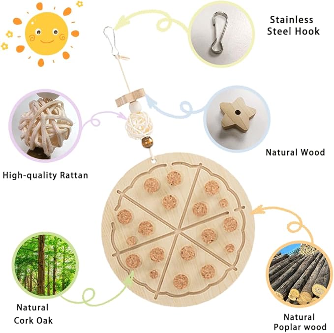 2 PCS Wooden Bird Chew Toys-6.3 X 6.3 Inch Hanging Parrot Toys with Detachable & Replaceable Corks,Foraging Toys for Cockatiels,Parakeets,Conures & Small to Medium Parrot