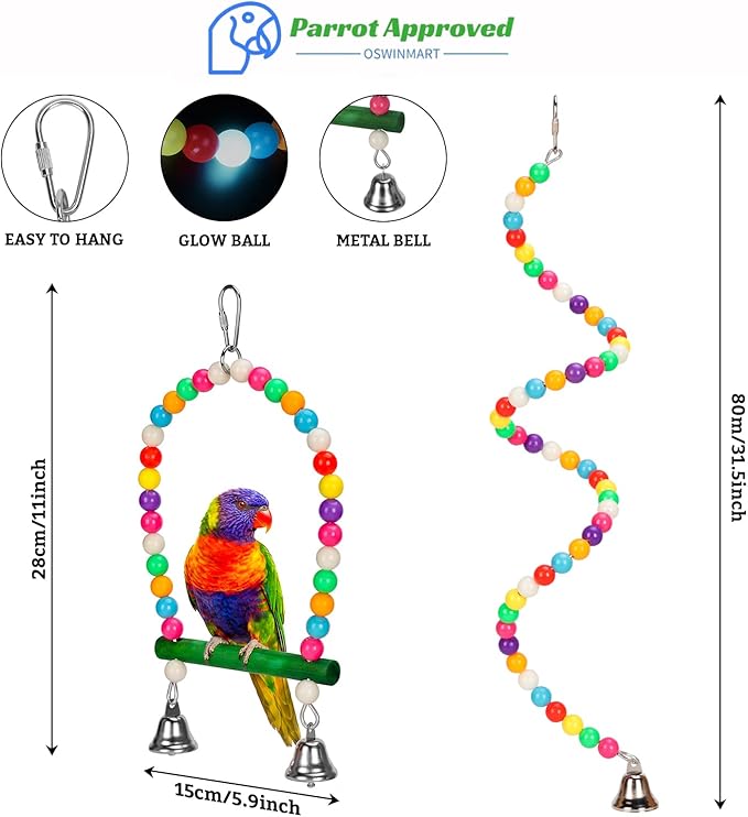 2PCs Swing Parrot Toy Spiral Perch Bird Cage Toy Colorful Wood and Glow Beads with Metal Bell for Small to Regular Parrot Parakeets,Macaw,Conure, Cockatiel, Finchess