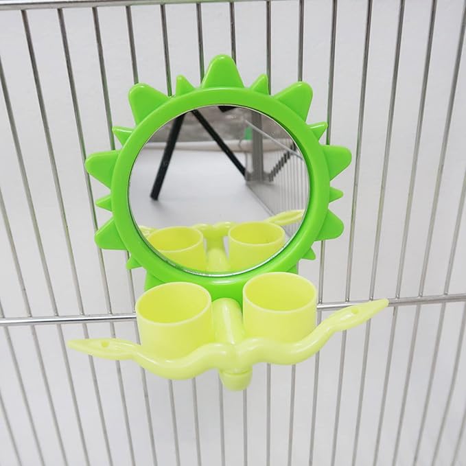 Parrot Mirror for Cage Hanging Bird Feeder with Plastic Perch Food Water Bowl Feeding Cups Easy to Install Bird Mirror with Perch