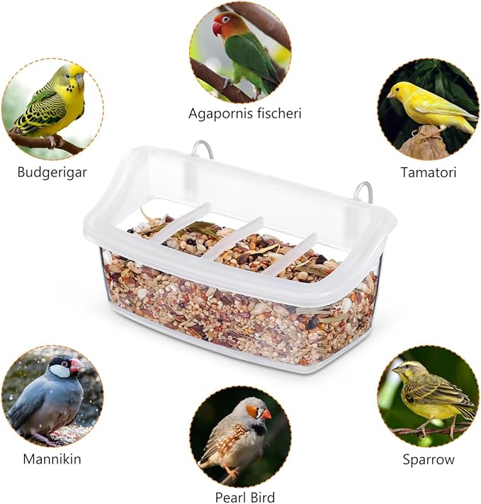 NOLITOY Hanging Bird Feeder for Cage, 2 Pack 4 Compartment Food and Water Bowl Bird Cage Cup, Plastic Feeder Cups for Parakeet Parrot Budgie Canary Pigeon