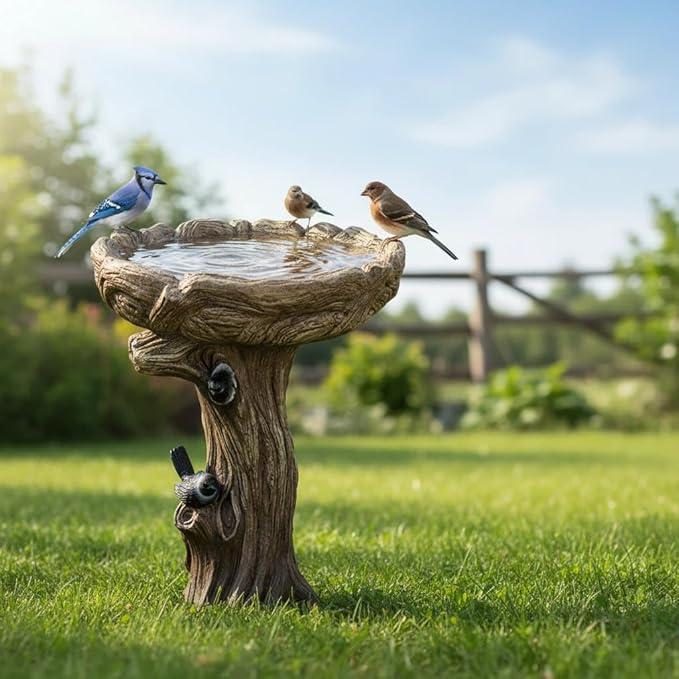 SunJet 23 Inch High Wood-Look Concrete Bird Bath with Decorative Faux Bird – Birdbath Rustic & Long-Lasting Design, Enhances Garden, Patio, Yard, Lawn Decor