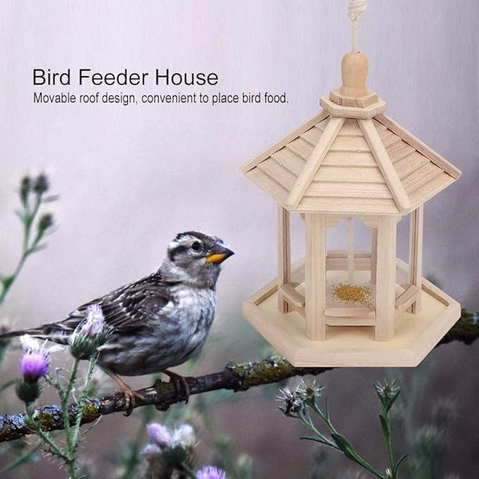 Bird Feeder for Outdoor, 24.5×20×20cm Wooden Hanging Birdfeeder Building Kits Birds Nests Ornaments Feeder Food Container with Hang Rope