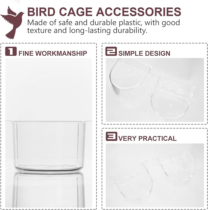 Ipetboom Bird Cage Feeding Containers: 6 pcs Clear Bird Food Trough and Water Feeder Cups - Thick Semicircle Food Box Accessories for Birds Pigeon Chicken, Transparent, 4X3.2X2in