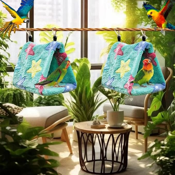 2 Pack Warm Bird Nest Plush Snuggle Bird Hammock Hanging Bird Cave Parrot Sleeping Bed Shed Hut Hanging Tent for Budgies Finch Parakeet Cockatiel Cockatoo Lovebird-Star Pattern (Pink&Green)