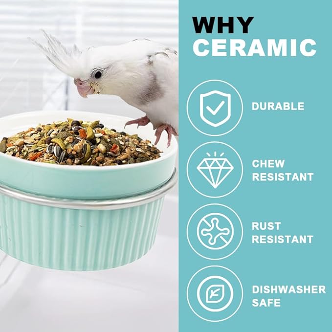 Bird Feeding Cups Parrot Food Cage Bowl Clamp Holder Coop Cup, Ceramic Bird Cage Water Bowl, Pet Feeder Cage for Parakeet African Greys Conure Cockatiels Lovebird Budgie-Blue
