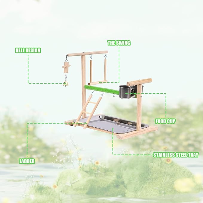 Bird Playground, Natural Wood Bird Perch Stand with Removable Tray and 2 Stainless Steel Feeder Cups, Parrot Playstand Bird Cage Toys for Conure Parakeet Cockatiel Parrot (C)
