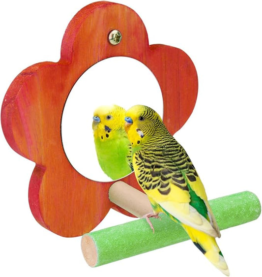 Hypeety Bird Mirror Toy with Perch Cage Standing Accessories Parrot Parakeet Budgies Cockatiel Conure Finch Lovebird African Grey Macaw Amazon Cockatoo Birdcage Wood Perch(Color Random) (Flower Shape)