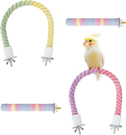 WishLotus Parrot Rope Perch, 31 in Rope Perches for Bird Cages with 2 Small Stand Pole, Flexible Fade Color Perch Rope Swing for Paw Grinding Standing Climbing (A, 13.7IN+6.6IN)