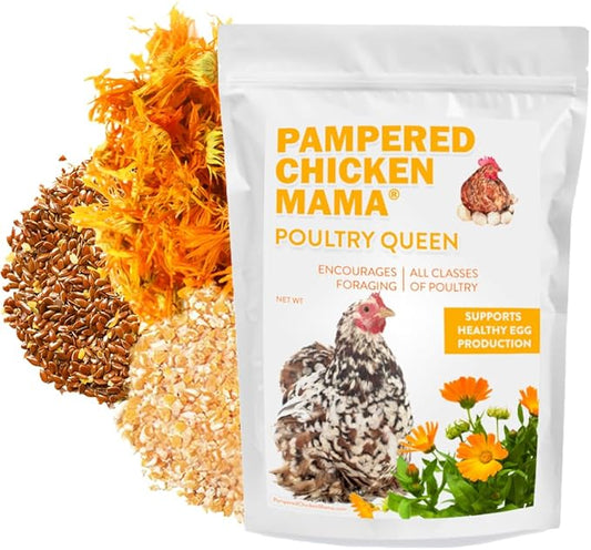 Pampered Chicken Mama Mealworm, Black Soldier Fly Larvae, Corn, Flax, & Herb Treat (10 Pounds) for Backyard Chickens, Healthy Layer Feed & Supplies for Pet Chickens Poultry Queen Treat for Hens