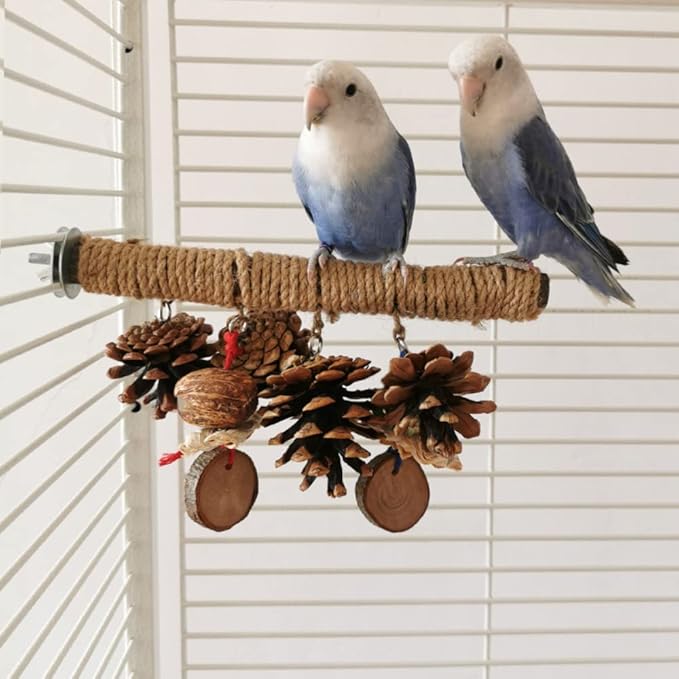 Bird Perches Stand Bird Hemp Perches with Chewing Toys, Birdcage Wood Stand Tree Perches for Birds Cockatiels Parrots Conures Macaws Finches (Large)