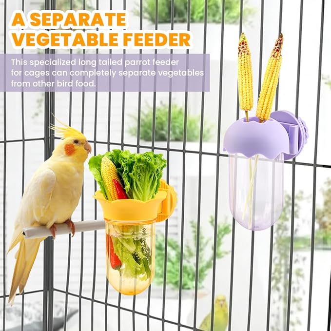 2 Pcs Bird Cage Feeder for Vegetable, Reusable Parrot Veggies Holder Bird Feeder for Cage, No Spill Feeders for Parrots, No Mess Hanging Containers for Cage(Color:Yellow+Purple)
