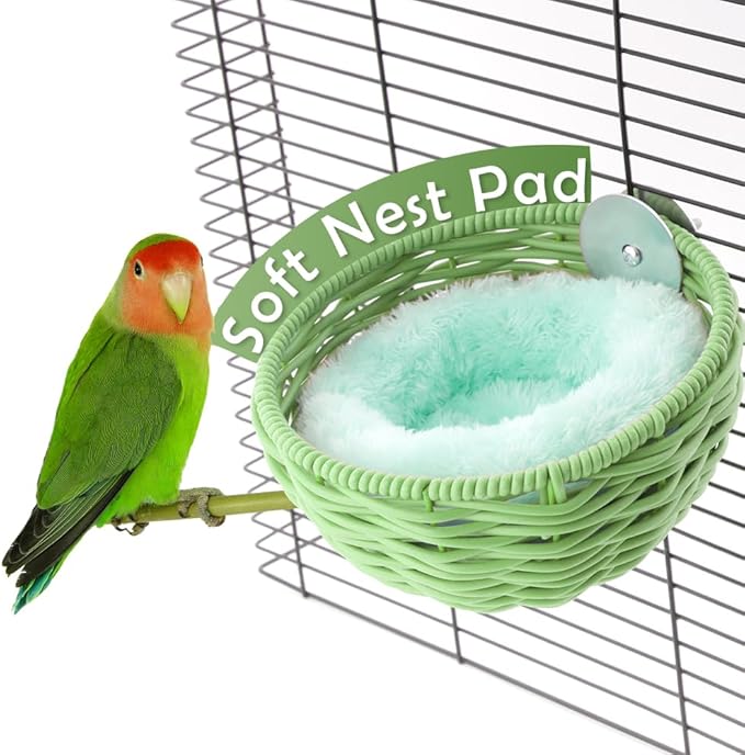 VTurboWay 1 Pack Bird Rattan Nest with 1 Pcs Nest Mat Egg Laying Bed Breeding House for Parrot Lovebird Cockatiel Budgerigar Finch Canary (Green)