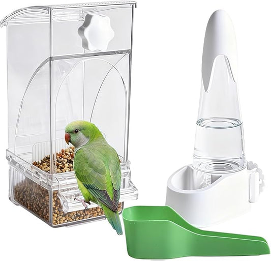 Automatic No Mess Bird Feeder and Water Dispenser Set, Acrylic Food Container and Drinker Bowl for Parrot Cage, Easy Clean Accessories for Parakeets Cockatiels Lovebirds and Other Small Pets