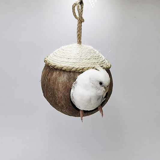 Nest for Birds Bird Nest House Natural Coconut Shell Simulation Birdhouse Grass Bird Hut Parakeet Nesting Box (Straw Rope Wood