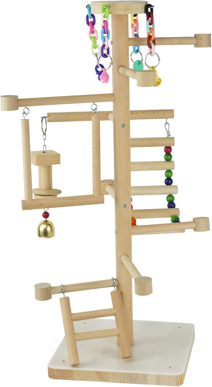 Wood Bird Playground Tabletop Parrots Playgyms Conures Play Stands Perches Prakeets Chewing Climbing Toy Playpen Platform Ladder Swing Activity Center for Cockatiels Budgies Lovebirds