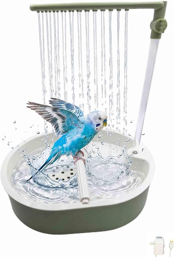 Automatic Parakeet Bird Bath with Pump,Adjustable Water Flow & Parrot Shower,USB Powered Bird Fountain Bathtub for Cage,Quiet Circulating Water System for Budgie,Lovebird (Green L)