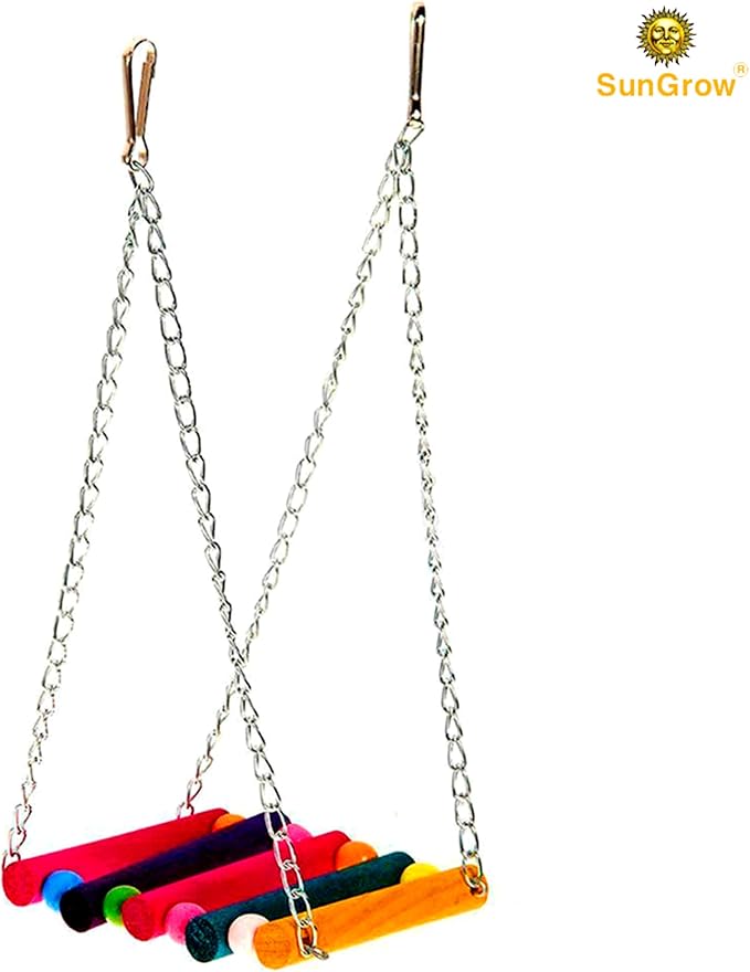 SunGrow Parrot Cage Hammock Swing, Colorful Wooden Swing with Metal Chain and Clasp, 1 Pack