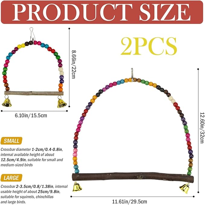 2 Pcs Wooden Bird Swing for Cockatiels Parakeets - Natural Wood Perch Hanging Toy with Colorful Beads Bell, Birdcage Climbing Accessories for Lovebirds Conures Budgies